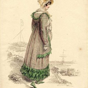 Regency fashion plate of a green and brown striped sea-side bathing dress with a straw bonnet, from La Belle Assemblée, 1815.