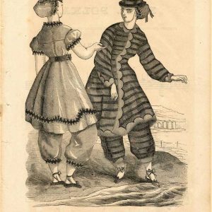 Illustration of 1860s Victorian bathing suits for women featuring long tunics and pantaloons from Godey's Lady's Book, July 1864.
