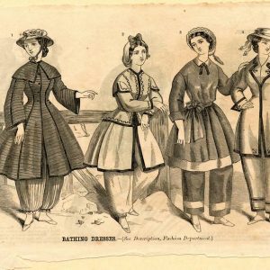 1864 fashion plate of women in Victorian bathing dresses with knee-length tunics, bloomers, and sun hats for the beach.