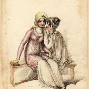 1809 Regency fashion plate showing two women in beach promenade dresses and bonnets, from Ackermann's Repository of Arts.