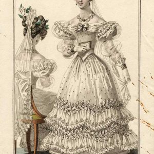 1828 French fashion plate showing a bride in a white tulle wedding dress with puffed sleeves and floral embroidery details.