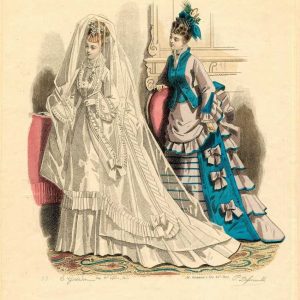 1874 French fashion plate showing a Victorian lace wedding dress with veil and a blue bustle gown with bows from The Young Englishwoman.