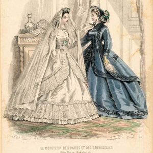 Hand-colored Victorian fashion plate from Le Moniteur des Dames et des Demoiselles showing a bridal gown and a blue silk dress.