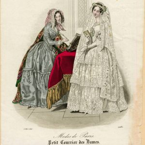 Victorian fashion plate from Petit Courrier des Dames featuring a lace wedding dress and a woman in a grey day dress with a floral shawl.