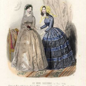 1846 fashion plate of two women in Victorian gowns: a pale grey bridal dress with veil and a blue striped morning dress with yellow bonnet.