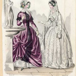 Hand-colored 1847 fashion plate from Journal des Femmes showing a Victorian bride in a lace dress and a lady in a purple taffeta gown.