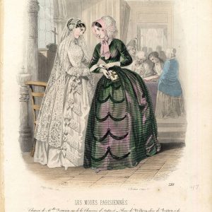 1847 fashion plate of a lace-veiled bride in white satin and a woman in a hunter green striped gown inside a French church.