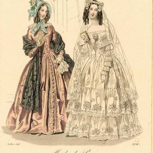 Two women in 1840s Victorian attire: a pink day dress with black mantelet and a white lace bridal gown with a long veil and tiered skirt.