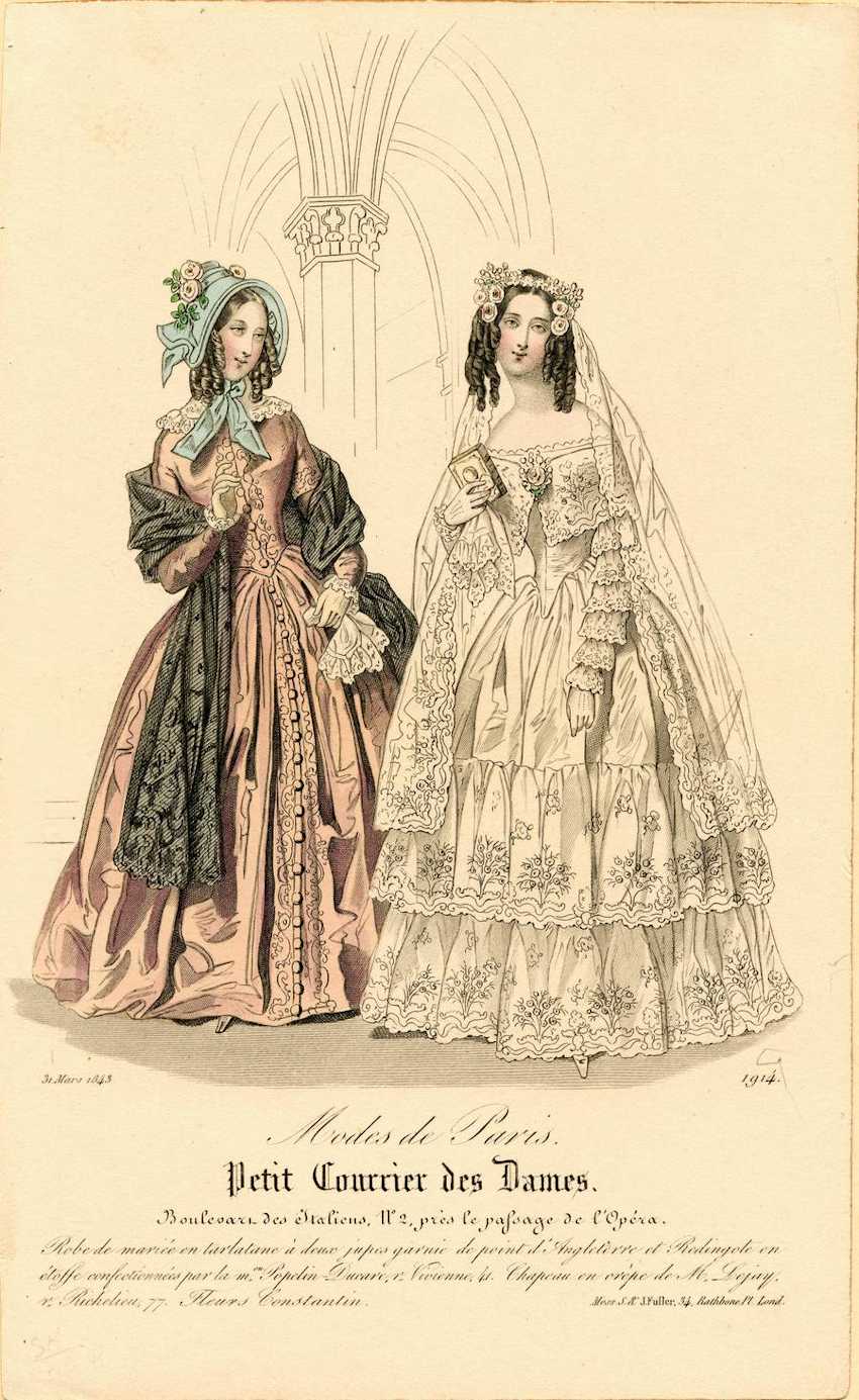 Bridal Fashions - 1843 Two women in 1840s Victorian attire: a pink day dress with black mantelet and a white lace bridal gown with a long veil and tiered skirt.