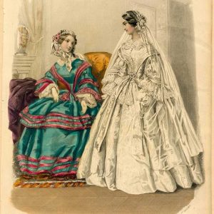 1855 French fashion plate showing a bride in a white lace gown with pagoda sleeves and a seated woman in a teal and pink tiered dress.