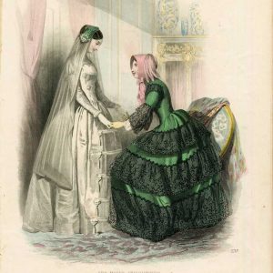 Hand-colored 1847 fashion engraving from Les Modes Parisiennes showing a Victorian bride in white and a lady in green lace.