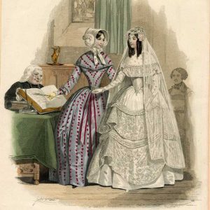 Victorian bride in lace gown signing marriage contract with a lady in a lavender striped dress, 1840s French fashion engraving.