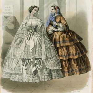 1857 Journal des Demoiselles fashion plate showing a Victorian bride in a lace crinoline gown and a woman in a tiered brown day dress.