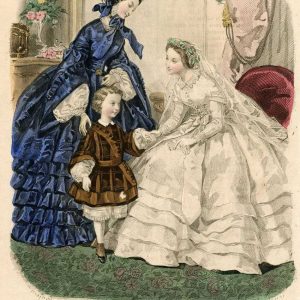 1860 French fashion plate showing a bride in white, a woman in blue with pagoda sleeves, and a young boy in a brown tunic.