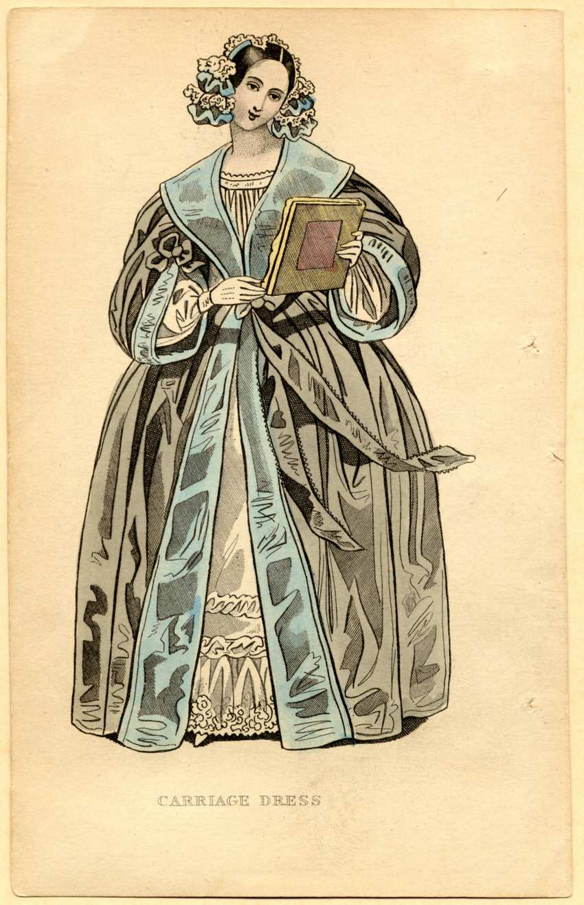 1830s Victorian Carriage Dress Fashion Plate Illustration Hand-colored 1830s fashion plate of a woman in a grey carriage dress with blue trim, gigot sleeves, and an ornate lace headpiece.