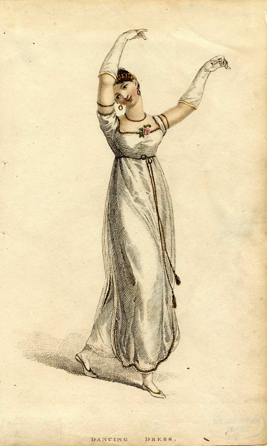 Regency Era Dancing Dress (1809) Fashion plate from 1809 showing a woman in a white empire-waist dancing dress with gold trim, long gloves, and an elegant pose.