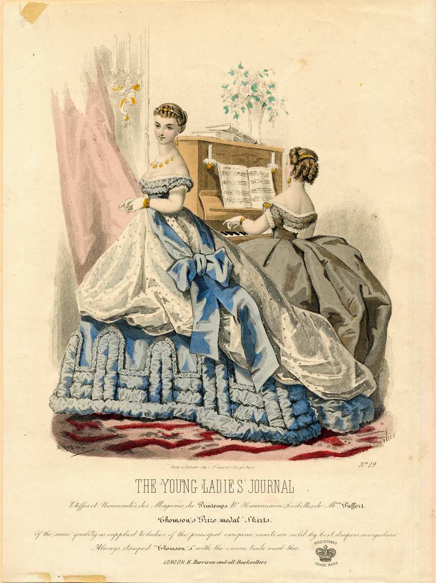 English Fashions 1861 The Young Ladies' Journal Victorian Dress Victorian fashion plate from 1861 showing two women in formal ball gowns, one standing in a blue crinoline skirt and one at a piano.