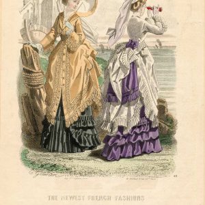 1870s fashion plate of two women in Victorian seaside dresses, one looking through binoculars, with bustles and decorative ruffles.