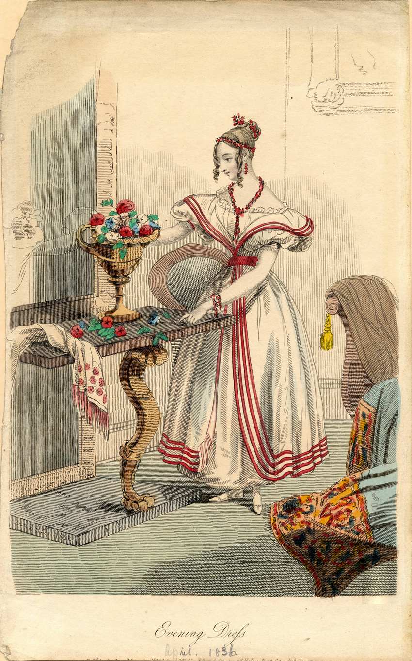 Evening Dress Spring 1836 - Victorian Fashion Plate Illustration Woman in a white 1836 evening dress with red stripes, short puffed sleeves and coral jewelry, arranging flowers by a mirror.