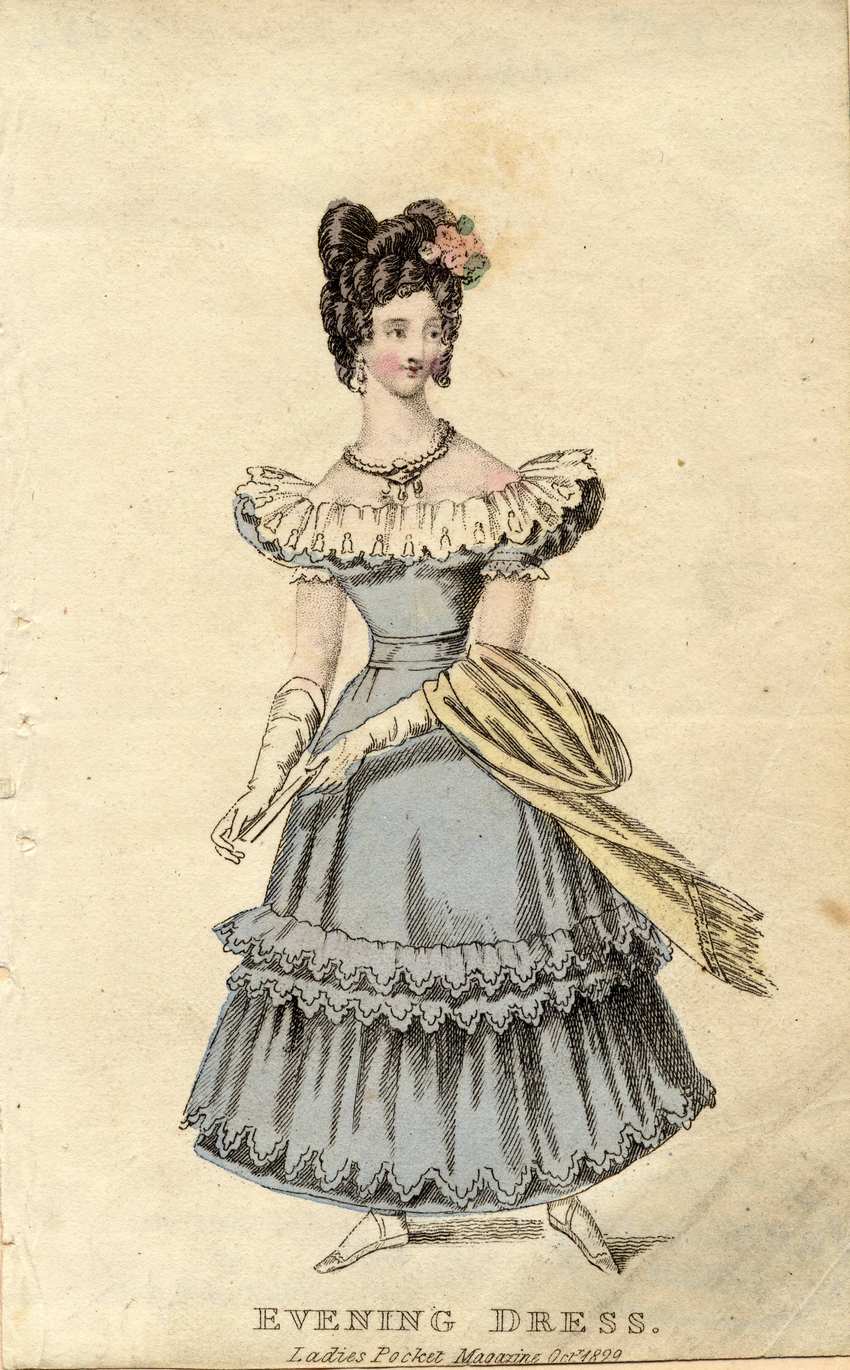 Evening Dress Fashion Plate, Ladies' Pocket Magazine, October 1829 1829 hand-colored fashion plate of a blue evening gown with tiered ruffles, short puffed sleeves, and elaborate floral hairstyle.