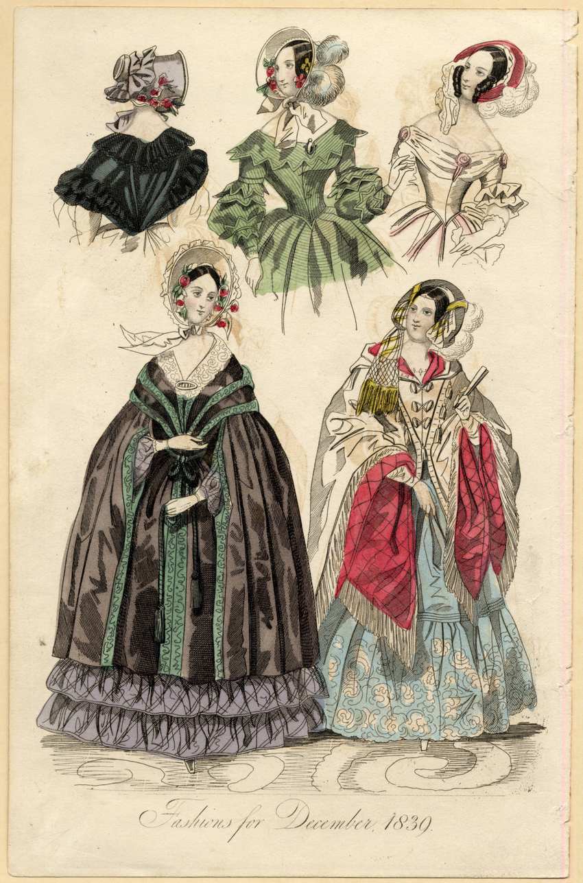 December 1830 Victorian Fashion Plate - Romantic Era Gowns, Capes and Elaborate Bonnets Hand-colored 1830 fashion plate of women in Romantic era attire, showing winter capes, green silk dress, and floral-trimmed bonnets.
