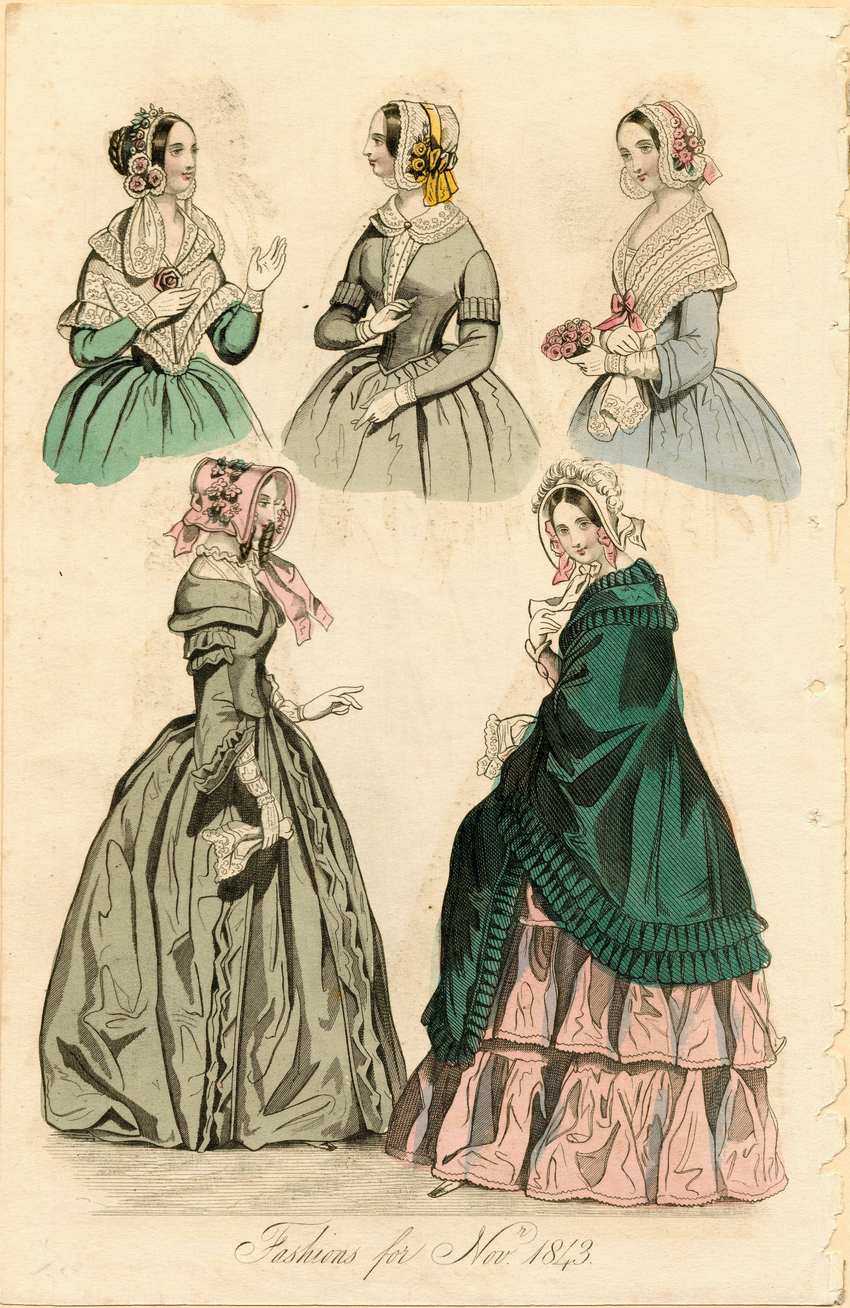 November 1843 Victorian Fashion Plate - Afternoon Dresses, Lace Shawls and Morning Caps Hand-colored 1843 fashion plate featuring five Victorian women in morning and afternoon attire, with lace shawls and silk day dresses.