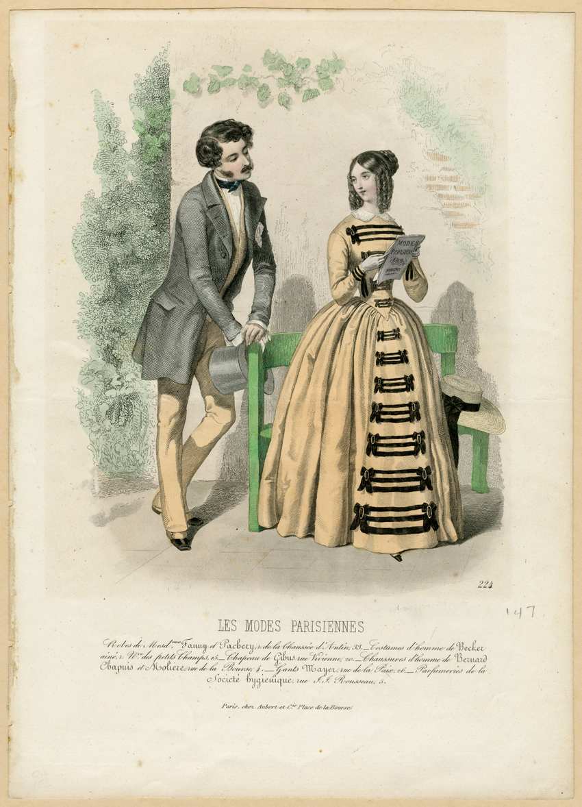 Les Modes Parisiennes 1850 Fashion Plate by Francois-Claudius Compte-Calix 1850 French fashion plate "Les Modes Parisiennes" showing a man in a frock coat and a woman in a crinoline dress with black bows.