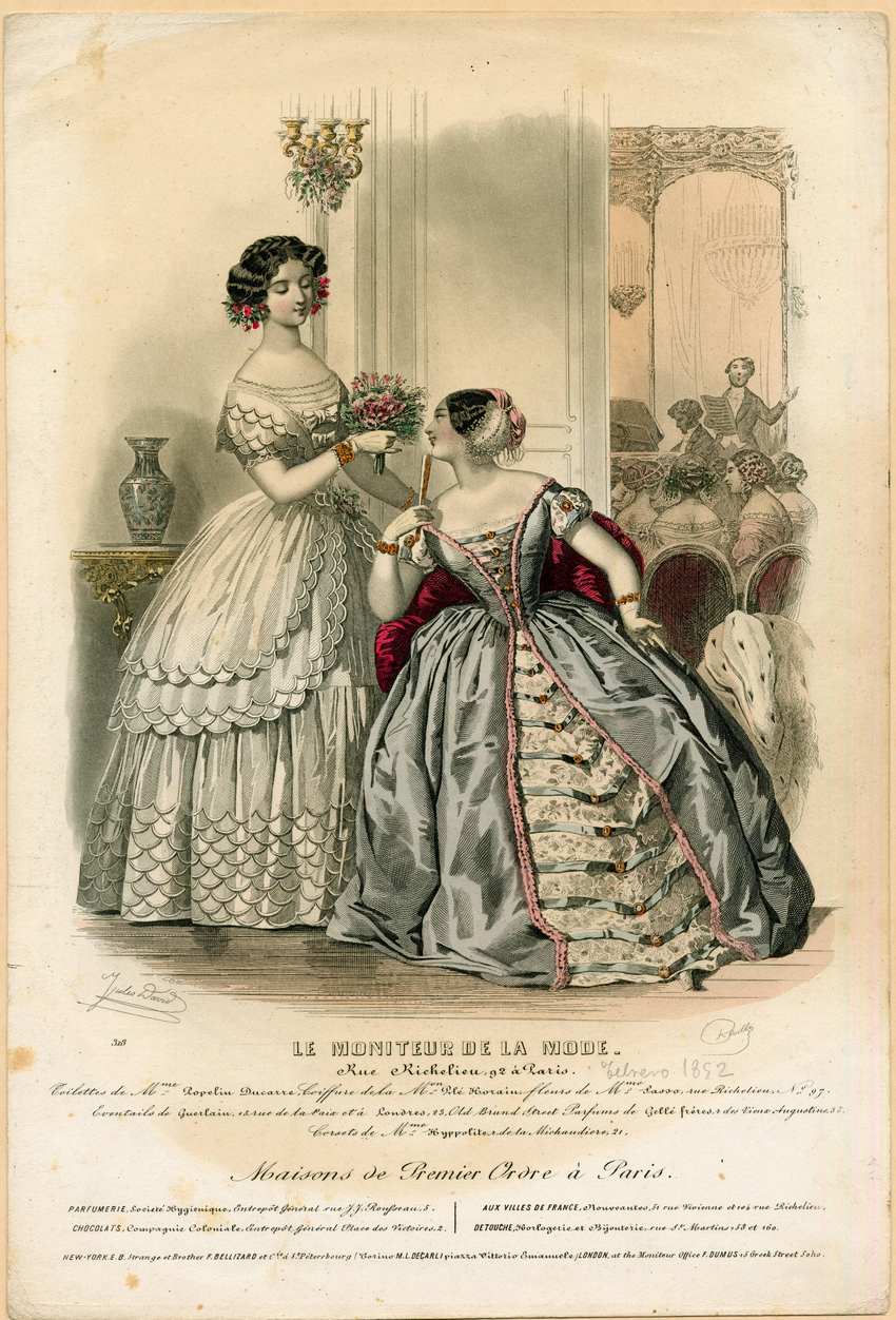 1852 French Fashion Plate Le Moniteur de la Mode by Jules David 1852 fashion plate by Jules David for Le Moniteur de la Mode showing two women in formal Victorian evening gowns outside a concert hall.