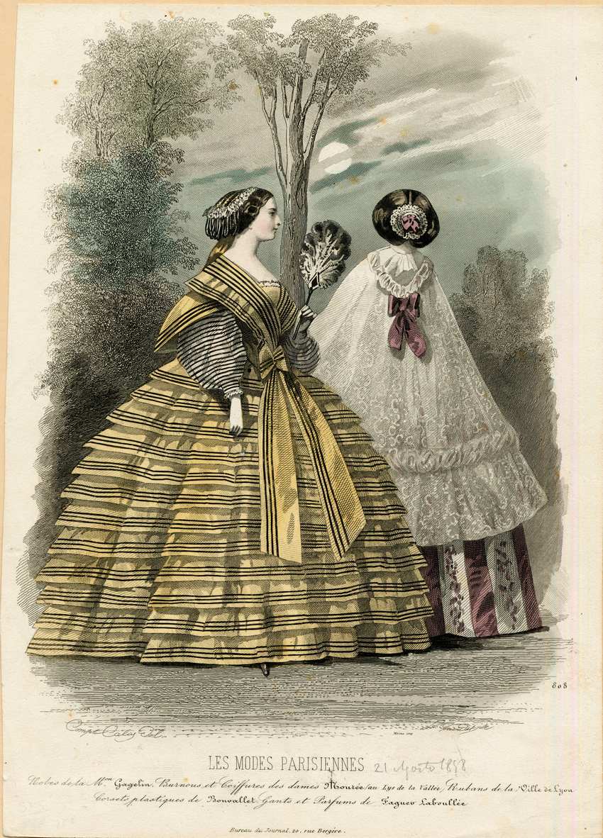 1858 Les Modes Parisiennes French Victorian Fashion Plate 1854 French fashion plate of two Victorian women outdoors wearing a yellow flounced dress and a white lace cape over a striped skirt.