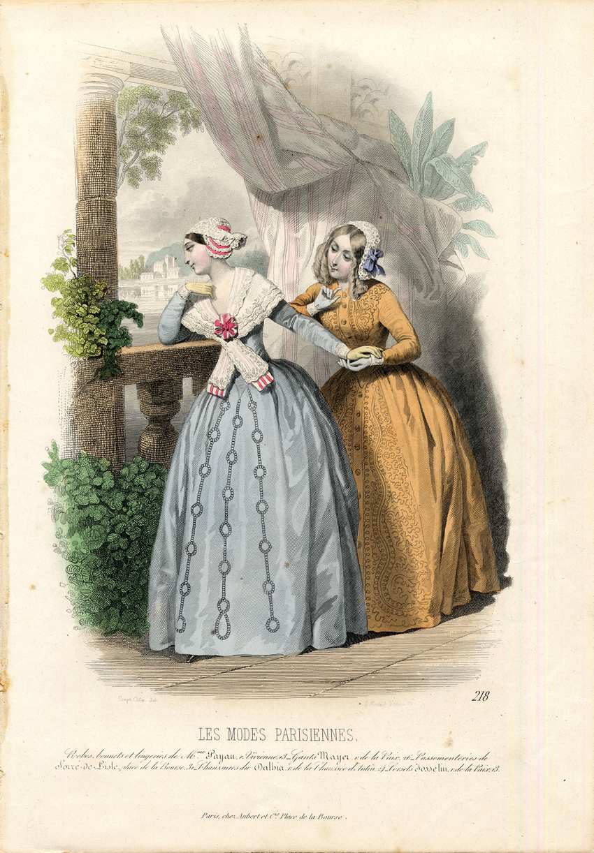1840s Victorian Fashion Plate Les Modes Parisiennes 1840s French fashion plate from Les Modes Parisiennes showing two women in Victorian dresses on a balcony.
