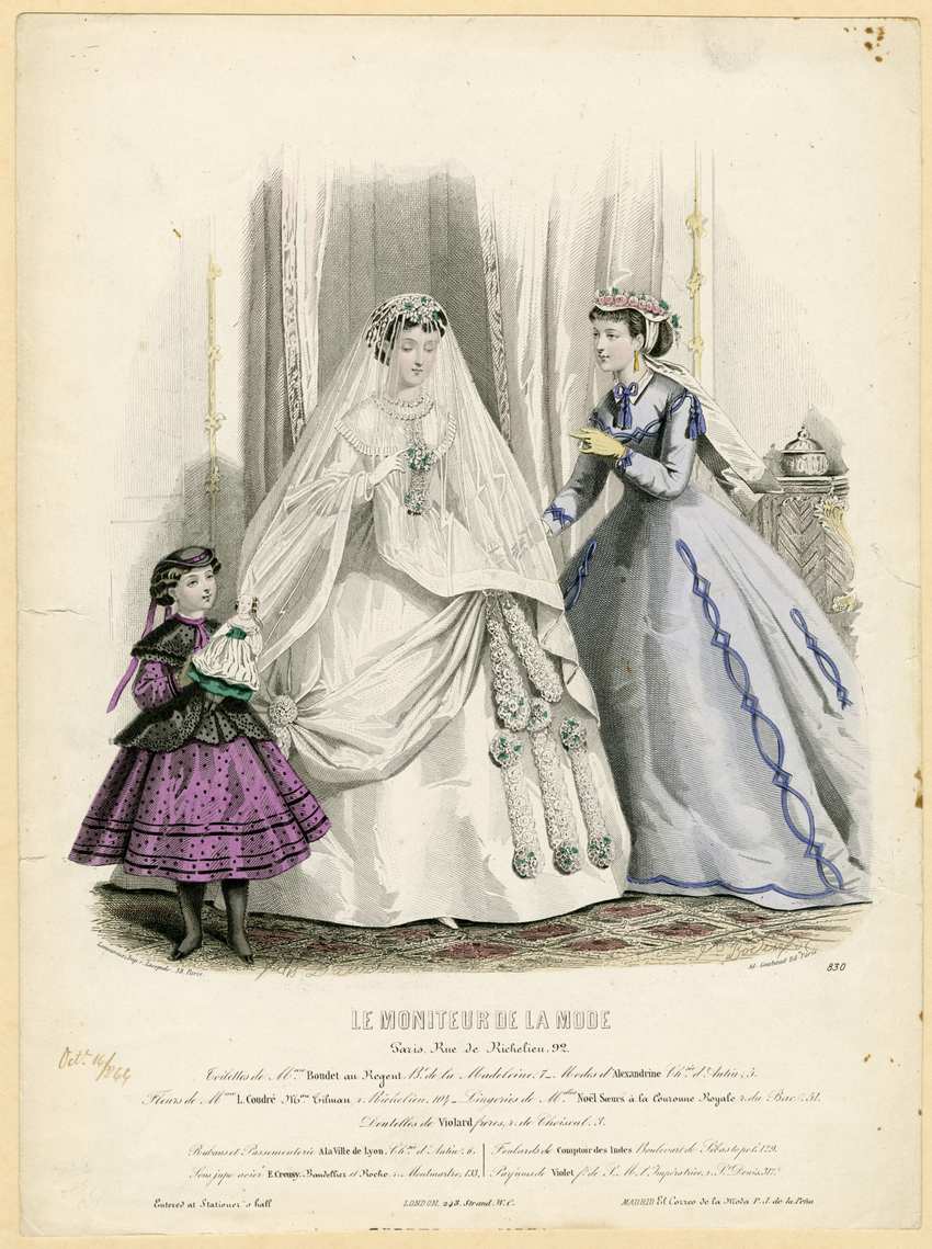 1866 Le Moniteur de la Mode Fashion Plate French Wedding Gown Antique Engraving by Jules David 1866 Victorian fashion plate by Jules David showing a French bride in a white wedding gown, a bridesmaid, and a young girl.