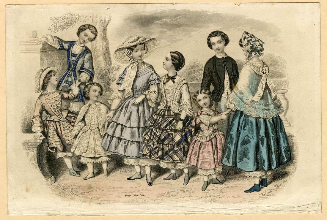 Antique French mid-Victorian children fashion print Imp Mariton Eight Victorian children and teenagers showcasing mid-19th-century day dresses and short coats in a hand-colored plate.