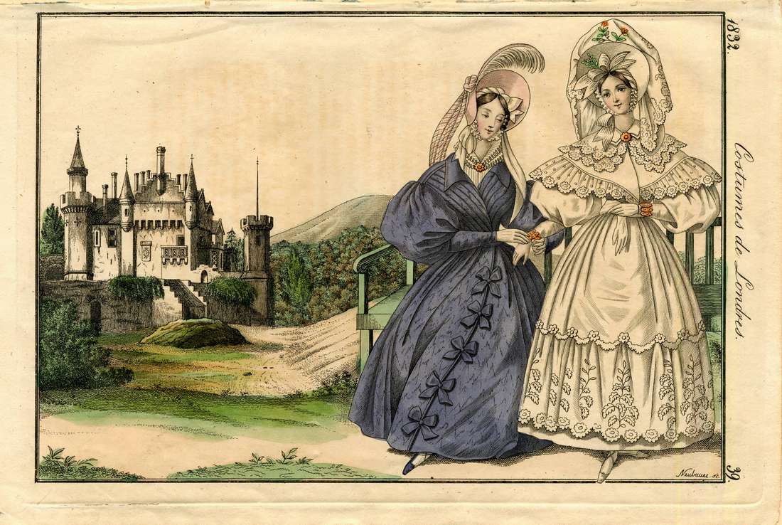 1832 Romantic Era Costumes de Londres Fashion Plate 1832 Victorian fashion plate showing two women in London costumes outside a gothic castle.