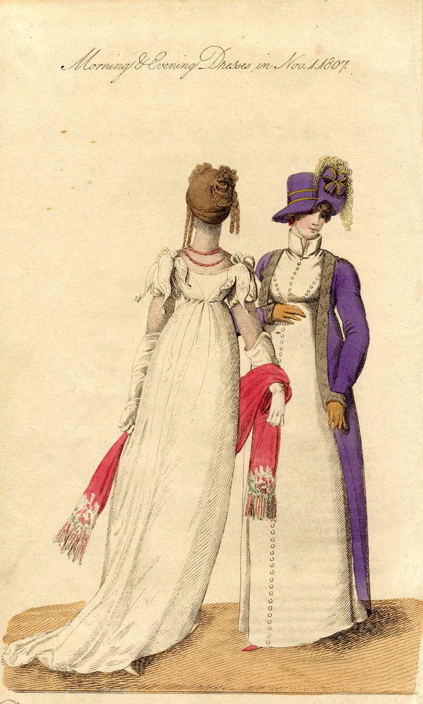 1807 Regency fashion plate showing a white evening gown from behind with a pink shawl, and a purple morning coat with a hat.