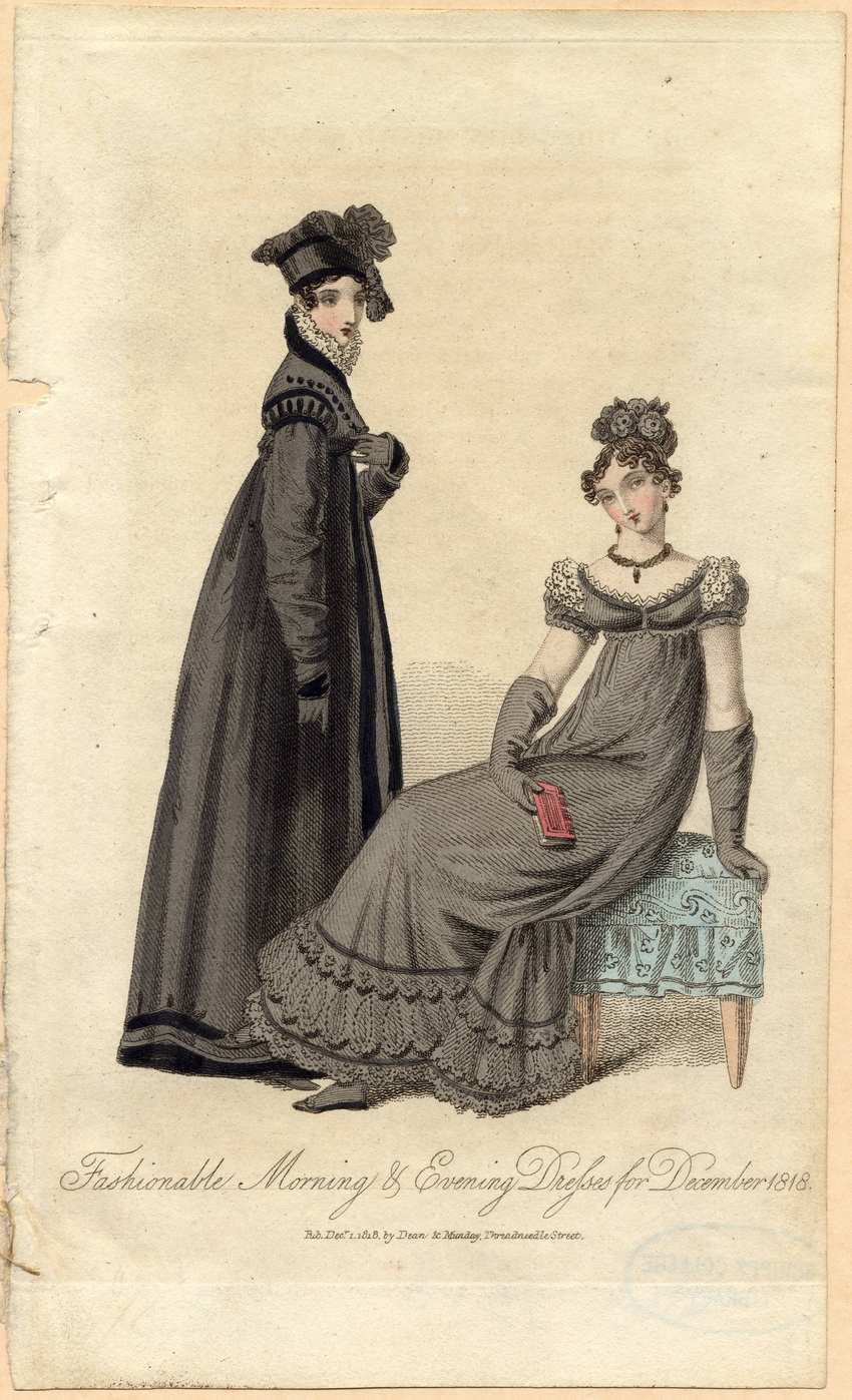 Regency Fashion Plate December 1818 Fashionable Morning Evening Dresses 1818 Regency fashion plate showing a woman in a dark morning coat and a seated woman in a grey empire waist evening gown.