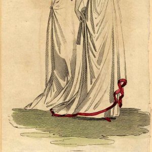 Two women in 1799 Regency-style white muslin gowns with purple and crimson velvet accents and decorative headpieces.