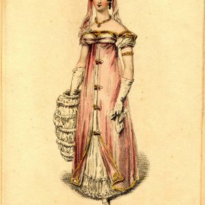 Regency-era Saxe-Cobourg Robe fashion plate in pink and white, featuring an empire waist dress, bridal veil, and large satin muff.