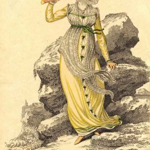 Regency lady in a yellow dress with a lace cloak, holding a telescope on a rocky coast. 1809 La Belle Assemblée fashion plate.
