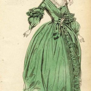 Antique 1838 fashion plate of a woman in a green Victorian party dress with ruffled sleeves, lace collar and floral bonnet.