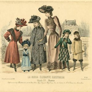 1890 fashion plate from La Moda Elegante Ilustrada featuring Victorian women and children in winter coats and hats on a Madrid street.