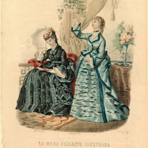 1870 Spanish fashion plate showing two women in blue and black Victorian dresses with bustles, holding a parasol and book.