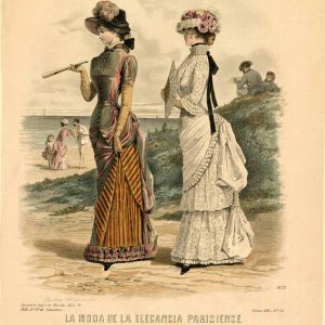 1881 French fashion plate of two women in Victorian seaside gowns and hats on a beach. La Moda de la Elegancia Parisiense illustration.
