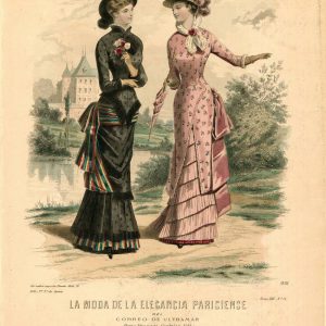1881 fashion plate of two women in Victorian bustle dresses, one black with striped sash, one pink floral, by artist Jules David.