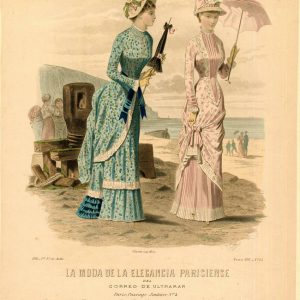 1882 Victorian fashion plate by Jules David showing two women in seaside dresses with parasols on a beach. From El Correo de Ultramar.