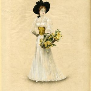 Portrait of a woman in a white Edwardian gown and black hat holding a basket of yellow field flowers, "Feldblumen" by Conrad Kiesel.