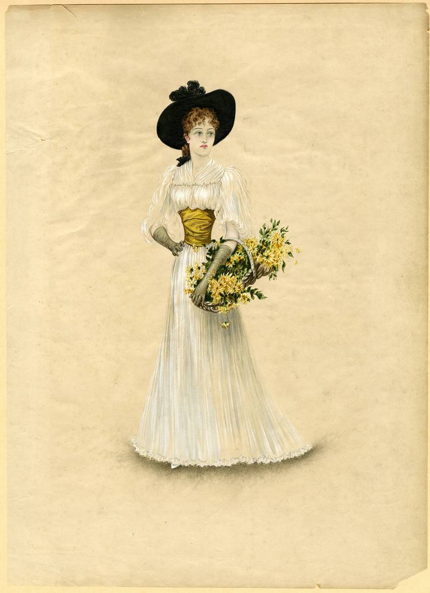 Conrad Kiesel - Feldblumen (Field Flowers) Edwardian Fashion Art Portrait of a woman in a white Edwardian gown and black hat holding a basket of yellow field flowers, "Feldblumen" by Conrad Kiesel.