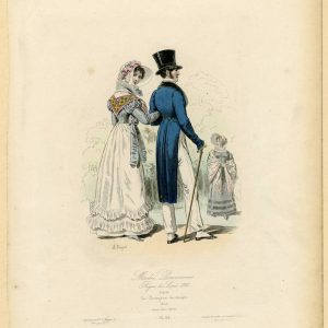 19th-century engraving of a woman in a white ruffled dress and poke bonnet walking with a man in a blue tailcoat and black top hat.