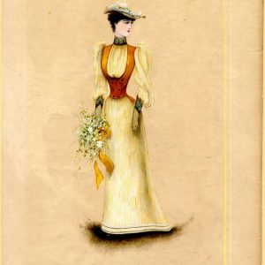 1890s fashion plate of a woman in a yellow day dress, red corset, leg-o-mutton sleeves, and feathered hat, holding a flower bouquet.