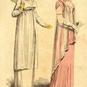 1808 fashion plate showing a woman in a white pelisse with a green parasol and another in a pink Regency evening gown and lace cap.