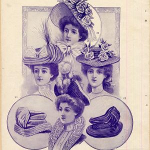 Antique 1900 The Delineator fashion plate titled Stylish Summer Millinery, featuring six ornate Edwardian women's hats with flowers and lace.